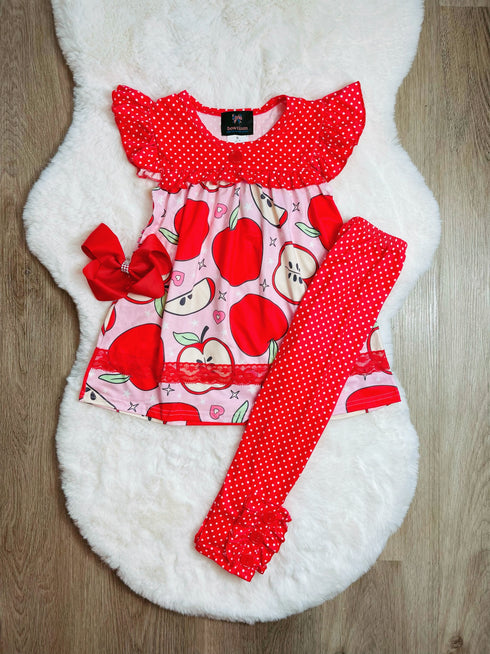 Bowtism Girls School Apple for a Day Pants Set with Matching Bow - Bowtism